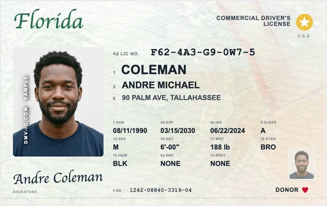 Sample Florida commercial driver's license (CDL)