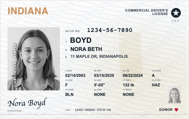 Sample Indiana commercial driver's license (CDL)