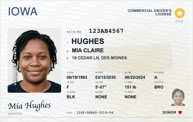 Sample Iowa commercial driver's license (CDL)