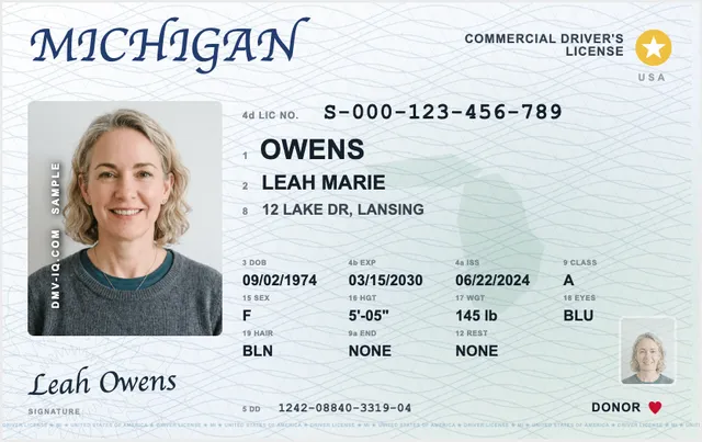 Sample Michigan commercial driver's license (CDL)