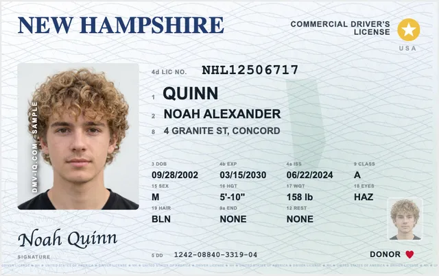 Sample New Hampshire commercial driver's license (CDL)