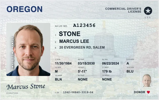 Sample Oregon commercial driver's license (CDL)