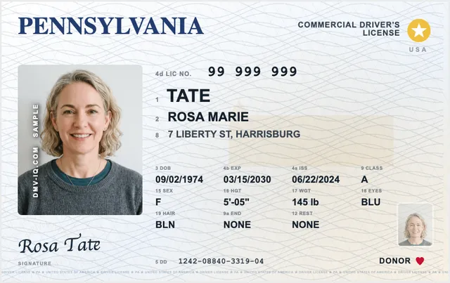 Sample Pennsylvania commercial driver's license (CDL)