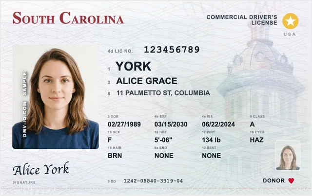 Sample South Carolina commercial driver's license (CDL)