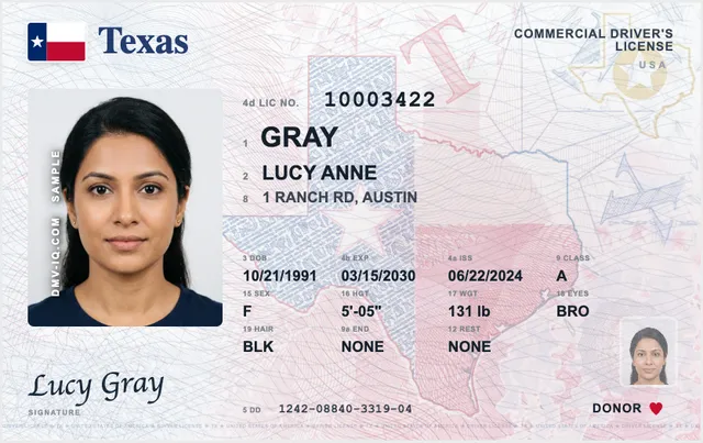 Sample Texas commercial driver's license (CDL)