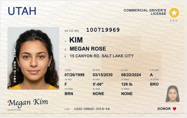 Sample Utah commercial driver's license (CDL)