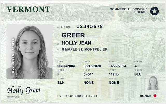 Sample Vermont commercial driver's license (CDL)