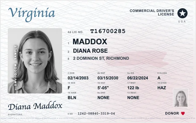 Sample Virginia commercial driver's license (CDL)