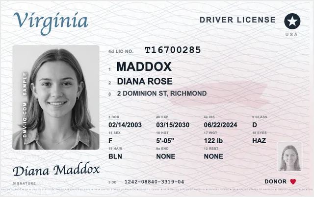 Sample Virginia driver's license