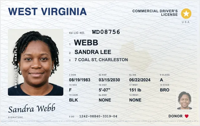 Sample West Virginia commercial driver's license (CDL)