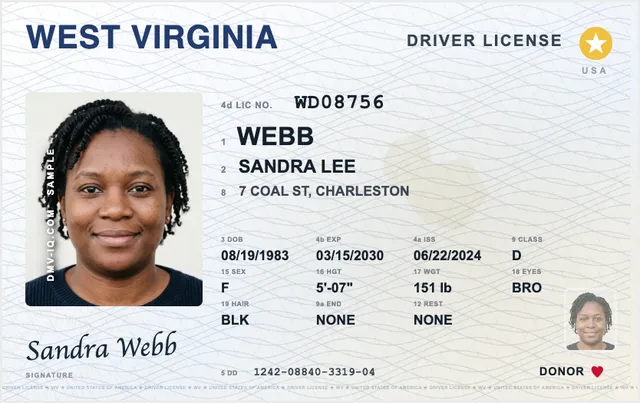 Sample West Virginia driver's license