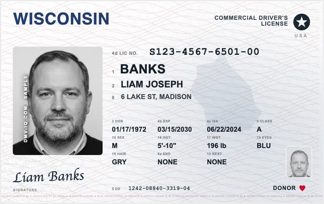 Sample Wisconsin commercial driver's license (CDL)