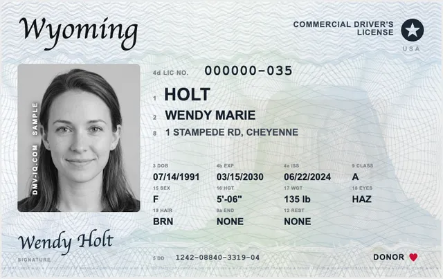 Sample Wyoming commercial driver's license (CDL)