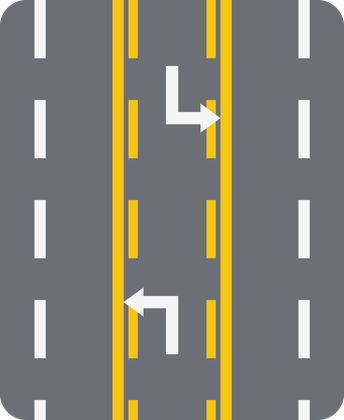 Two-Way Left-Turn Lane (PM-9) - solid and broken lines yellow pavement marking sign: A shared center lane, bordered by a solid and a broken yellow line, used by both directions for left turns only