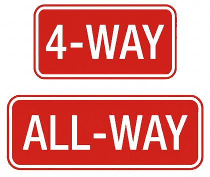 4-Way / All-Way Plaque (R1-3P) - rectangle (vertical) white with black/red regulatory sign: Every approach to this intersection must stop