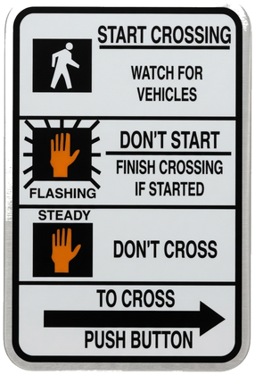Pedestrian Signal Instructions (R10-3e) - rectangle (vertical) white with black/red regulatory sign: Explains how to use the pedestrian signal: when to start crossing, when not to, and how to request a walk signal