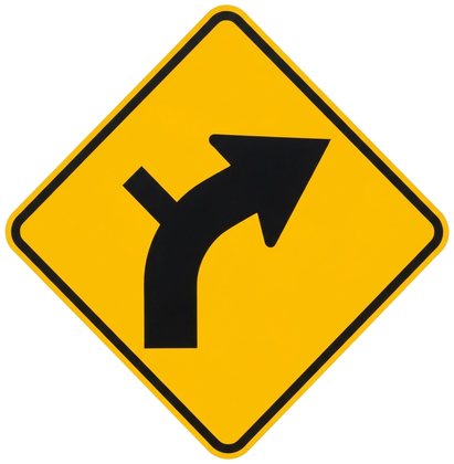 Curve with Side Road (W1-10) - diamond yellow with black warning sign: The road curves and a side road joins it