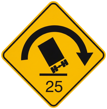 Truck Rollover Warning (W1-13) - diamond yellow with black warning sign: A sharp curve ahead where trucks and other high vehicles risk rolling over