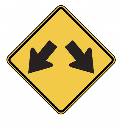 Pass on Either Side (W12-1) - diamond yellow with black warning sign: Traffic may pass on either side of the traffic island or obstruction ahead