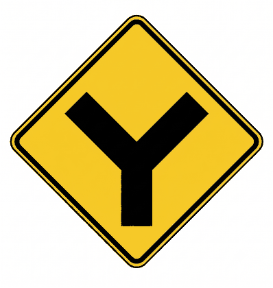 Y-Intersection (W2-5) - diamond yellow with black warning sign: The road ahead splits into two