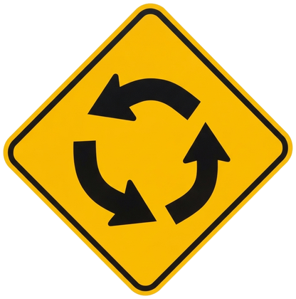 Roundabout Ahead (W2-6) - diamond yellow with black warning sign: A roundabout is ahead